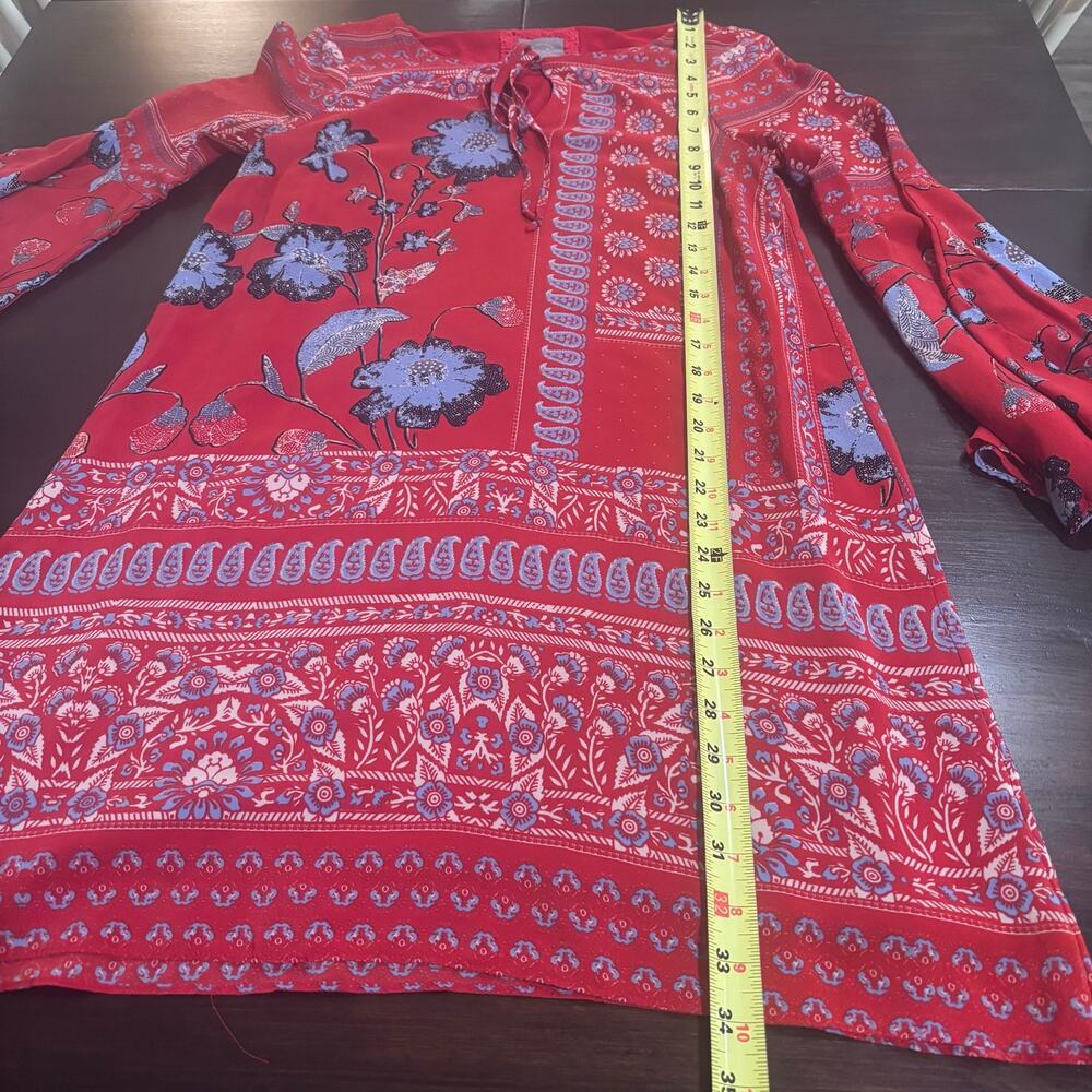Vanessa Virginia Anthropologie Silk Mini Dress Red Floral Boho Bell Sleeve Sz4 - Picture 6 of 8